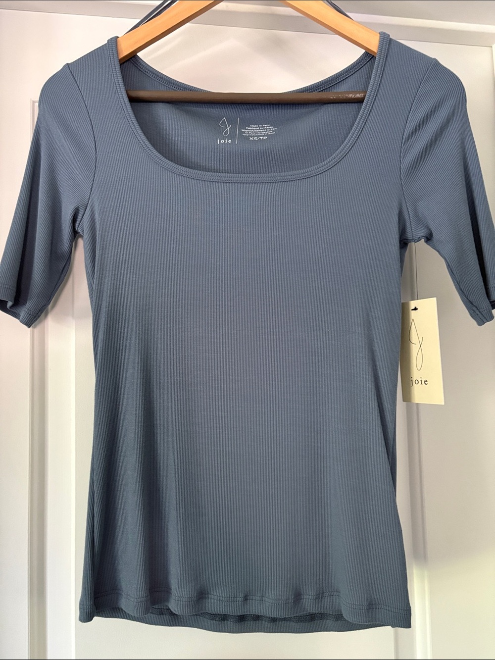 Joie Slate Blue Scoop Neck Short Sleeve Ribbed Top